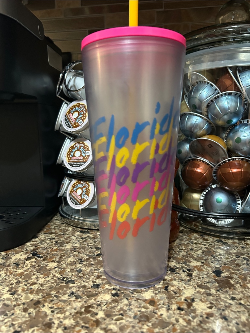 Starbucks Translucent Tumbler with Pink Lid, Yellow Straw and Multicolor Script